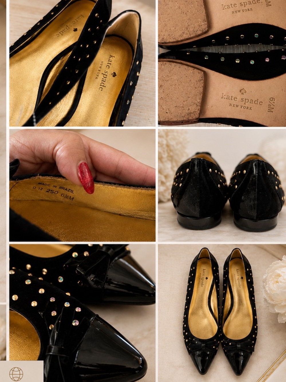 Kate Spade Black Studded Bow Flats✨ Gold Detail Pointed Toe Classic Luxury - Picture 7 of 7